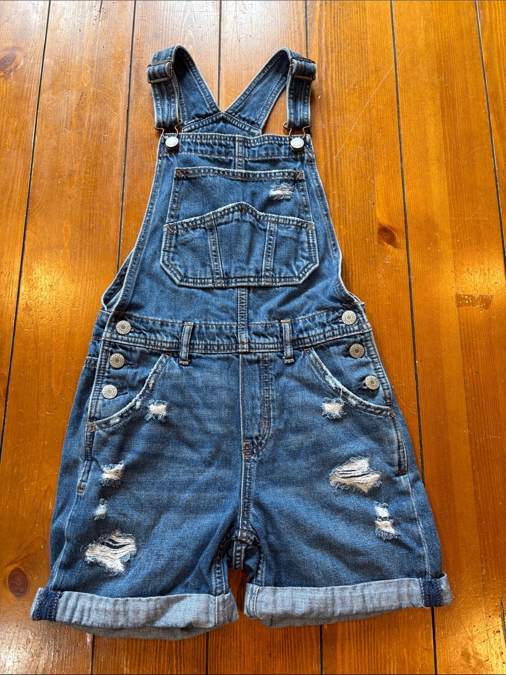 GAP Distressed Blue Denim Short Overalls Girls Size 10-11 GUC